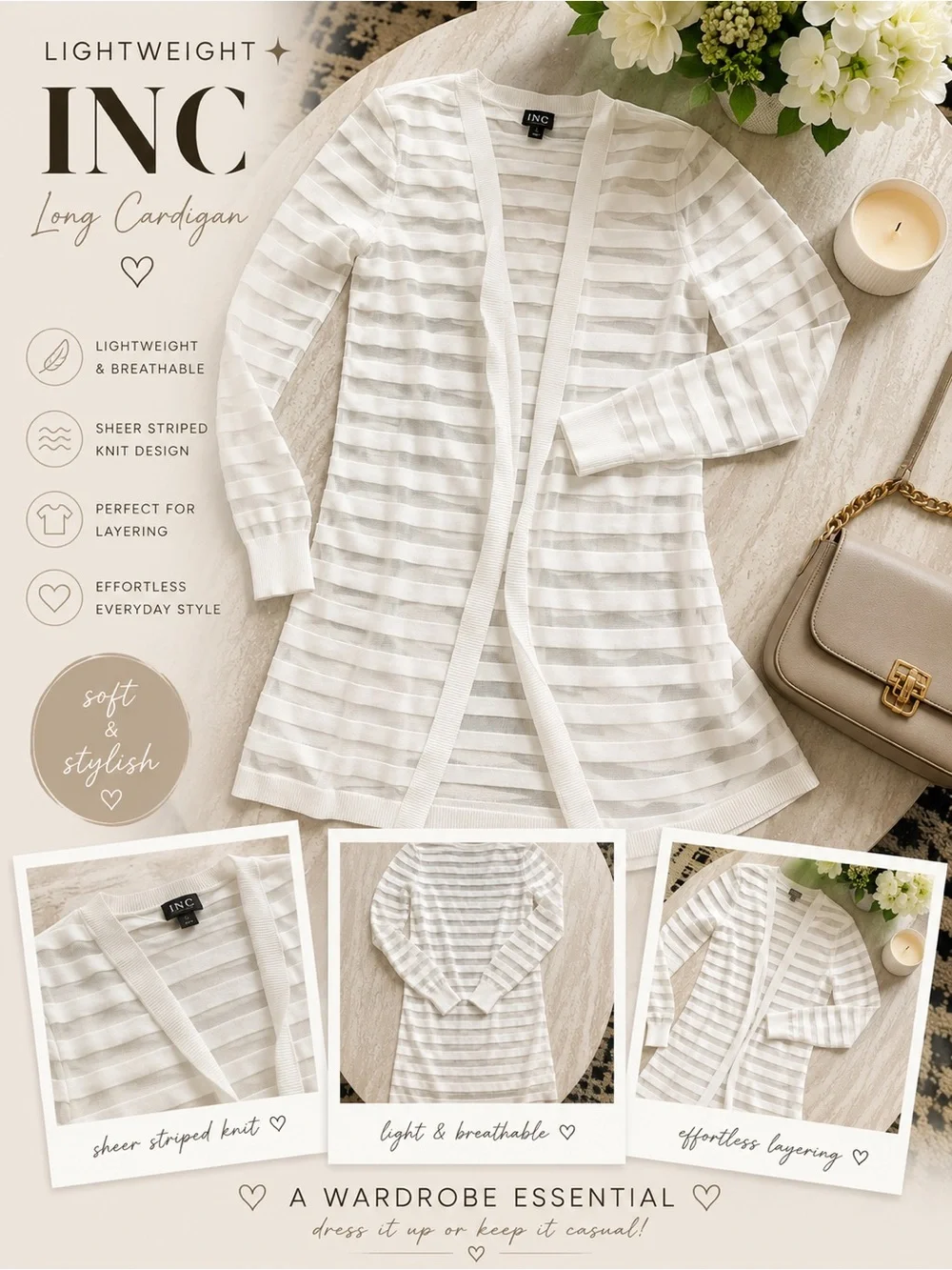 INC International Concepts White Sheer-Striped Open Cardigan
